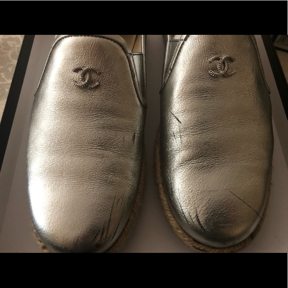 CHANEL Silver Leather Espadrilles